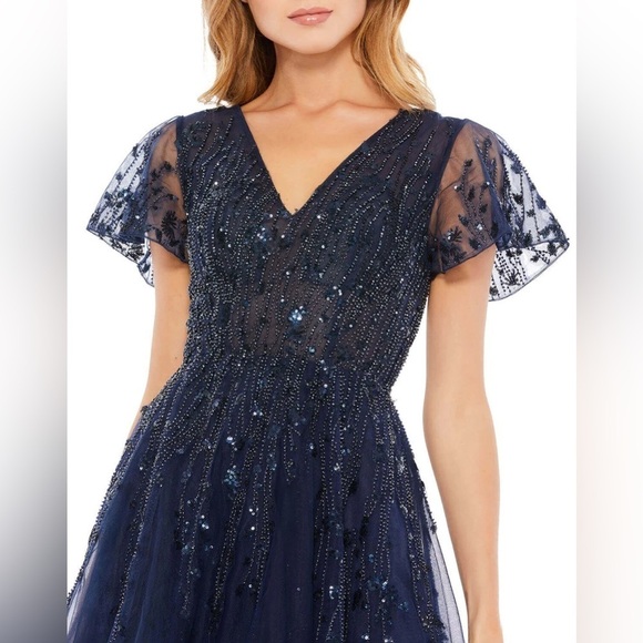 Mac Duggal 20304 NWT EMBELLISHED FLUTTER SLEEVE TEA-LENGTH DRESS - Blue - Picture 3 of 15